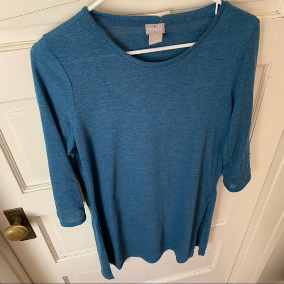 Chico Teal Blue Tunic Slits at Hips 3/4 Sleeve High Neck Long Light Sweater - Picture 7 of 11